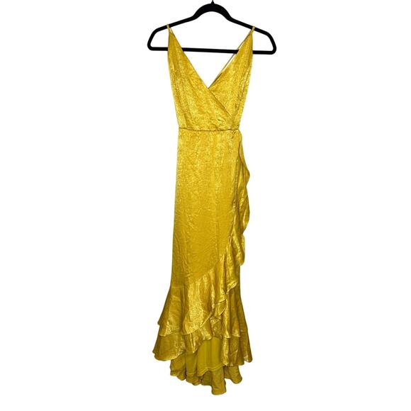 Lulus NWOT In Love Forever Mustard Yellow Satin Lace-Up High-Low Maxi Dress L - Picture 3 of 8
